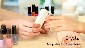  Presentation with beauty salon - Beautiful presentation theme featuring manicure process in beauty salon backdrop and a lemonade colored foreground