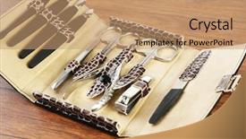  Presentation with manicure - Audience pleasing PPT theme consisting of manicure set in open case on wooden table closeup backdrop and a coral colored foreground
