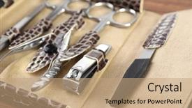  Presentation with homicide case - PPT layouts having manicure set in open case on wooden table closeup background and a coral colored foreground