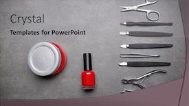  Presentation with manicure - Audience pleasing theme consisting of top view collection finger - manicure set with cosmetics backdrop and a light gray colored foreground