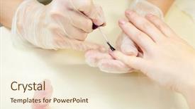  Presentation with finger nail - Presentation theme with manicurist performing finger nail manicure procedure for hand care in beauty salon background and a lemonade colored foreground