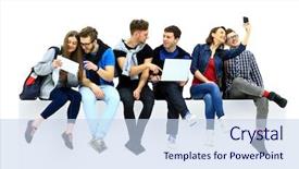  Presentation with floor - Colorful PPT theme enhanced with manly backgrounds - causal group of people sitting backdrop and a sky blue colored foreground