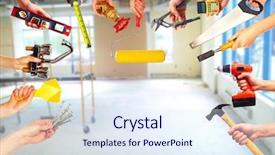  Presentation with construction tools - Beautiful presentation theme featuring manly backgrounds - hands with construction tools house backdrop and a sky blue colored foreground