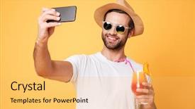  Presentation with man holding phone - PPT theme with manly backgrounds - image of smiling young man background and a yellow colored foreground