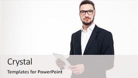  Presentation with hands holding black tablet - Cool new slides with manly backgrounds - portrait of a serious businessman backdrop and a white colored foreground