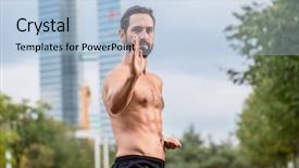  Presentation with qigong - Cool new PPT theme with mann practicing qigong outdoors office backdrop and a light blue colored foreground