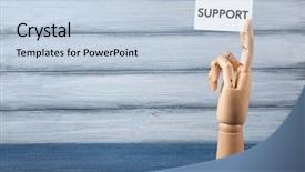  Presentation with mannequin - Theme having mannequin hand holding white paper with word support on wooden background background and a light blue colored foreground
