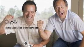  Presentation with television viewers - PPT theme with mans best friend - 2 middle-aged me watching television background and a coral colored foreground