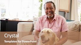  Presentation with pet - Beautiful slide deck featuring mans best friend - senior man sitting on sofa backdrop and a coral colored foreground