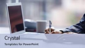  Presentation with focus group hands taking notes - Audience pleasing slides consisting of man's hands taking notes backdrop and a light blue colored foreground