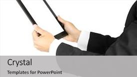  Presentation with hands holding black tablet - Slide set with man's holding a tablet background and a light gray colored foreground