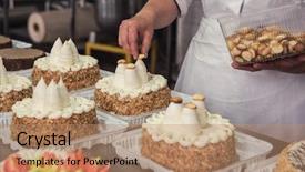  Presentation with factory - Slide set having manual cakes production on factory background and a coral colored foreground