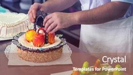  Presentation with economics production - Amazing PPT layouts having manual cakes production on factory backdrop and a  colored foreground