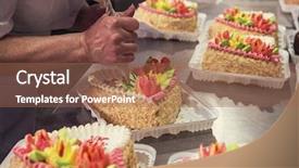  Presentation with glucose production - PPT layouts with manual cakes production on factory background and a coral colored foreground