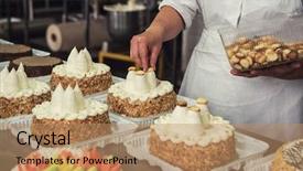  Presentation with factory - Slide deck featuring manual cakes production on factory background and a coral colored foreground