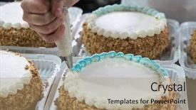  Presentation with factory - PPT layouts enhanced with manual cakes production on factory background and a  colored foreground