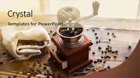  Presentation with dark vintage wood table texture - Cool new presentation design with manual coffee grinder on wooden backdrop and a lemonade colored foreground