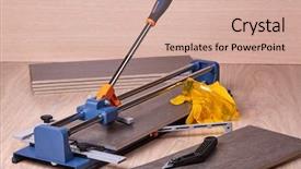  Presentation with ceramic tiles - Presentation featuring manual cutter and ceramic tiles for floor home repair background and a lemonade colored foreground