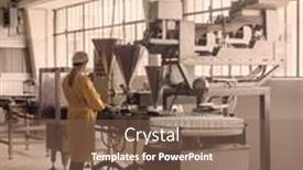  Presentation with factory machine - Colorful theme enhanced with manual female worker on semi automatic filling machine interior of a production factory backdrop and a violet colored foreground