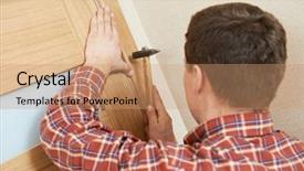  Presentation with door lock system - Amazing PPT theme having manual handling - male handyman carpenter at interior backdrop and a coral colored foreground