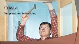  Presentation with wood and glitter - Theme enhanced with manual handling - male handyman carpenter at interior background and a light blue colored foreground