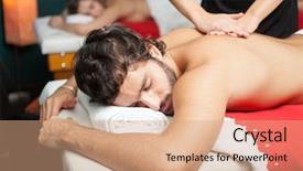  Presentation with man relaxing on massage table - Beautiful presentation design featuring swedish - handsome man having a massage backdrop and a light gray colored foreground