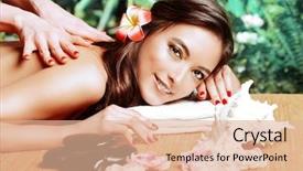  Presentation with body care spa body massage - Colorful presentation design enhanced with manual therapy beautiful young woman backdrop and a  colored foreground