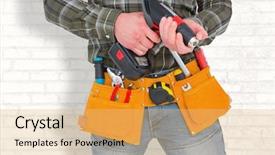  Presentation with drill - Slide set with manual worker holding gloves and hammer power drill against white wall background and a yellow colored foreground