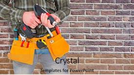  Presentation with red brick wall - PPT theme enhanced with manual worker holding gloves and hammer power drill against red brick wall background and a gold colored foreground