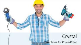  Presentation with power tools - Slides enhanced with manual worker holding power tools background and a light blue colored foreground