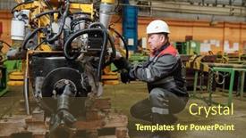  Presentation with metal - PPT layouts with manual-worker-in-helmet-examining background and a tawny brown colored foreground