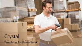  Presentation with scanning - Audience pleasing presentation theme consisting of manual worker scanning package backdrop and a  colored foreground