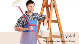  Presentation with paint bucket - PPT theme featuring manual worker standing next to a wooden ladder and holding a paint roller and bucket isolated on white background background and a coral colored foreground