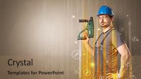  Presentation with office ergonomics man worker exercising - Beautiful theme featuring manual worker with wrench symbols backdrop and a  colored foreground