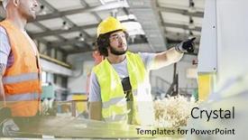  Presentation with factory workers - Cool new presentation theme with manual workers manufacturing sheet metal backdrop and a soft green colored foreground