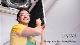  Presentation with air conditioning - Cool new PPT layouts with manual working syatem - young repairman repairing ceiling air backdrop and a light gray colored foreground
