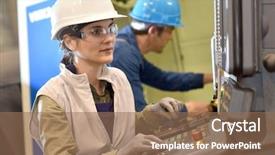  Presentation with manufacture - Colorful presentation design enhanced with manufacture workers working on electronic backdrop and a coral colored foreground