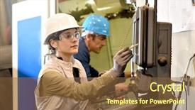  Presentation with manufacture - Slide deck enhanced with manufacture workers working on electronic background and a tawny brown colored foreground