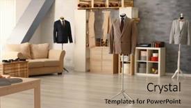  Presentation with garment manufacturing - Theme enhanced with garment manufacturing - interior of modern tailor's workshop background and a coral colored foreground