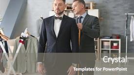  Presentation with airplane taking off sky in - Theme enhanced with garment manufacturing - tailor taking man's measurements background and a gray colored foreground