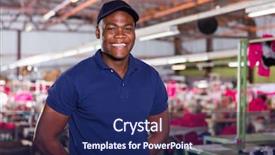  Presentation with textile - Theme consisting of manufacturing employee - cheerful african textile worker looking background and a navy blue colored foreground