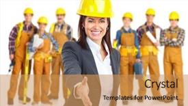  Presentation with industrial workers - PPT theme featuring manufacturing employee - industrial contractors workers people isolated background and a gold colored foreground
