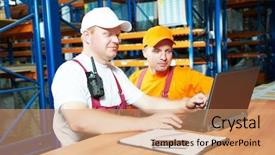  Presentation with german shepherd two young puppys - PPT theme enhanced with manufacturing employee - two young workers man background and a coral colored foreground