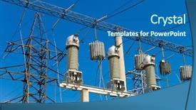  Presentation with high voltage - Colorful slides enhanced with manufacturing energy efficiency - high-voltage substation on blue sky backdrop and a  colored foreground