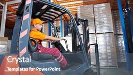  Presentation with warehouse - Presentation enhanced with manufacturing facility - warehouse worker distributing goods background and a ocean colored foreground