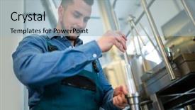  Presentation with beer - Colorful theme enhanced with manufacturing food - attentive brewer checking beer backdrop and a light blue colored foreground