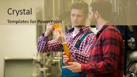  Presentation with manufacturing - Colorful PPT layouts enhanced with manufacturing food - brewers testing beer at brewery backdrop and a coral colored foreground