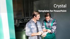  Presentation with digital transformation of industry - Slides consisting of manufacturing food - coworkers discussing over digital tablet background and a dark gray colored foreground