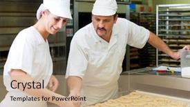  Presentation with manufacturing - Beautiful slide set featuring manufacturing food - female and male baker baking backdrop and a coral colored foreground