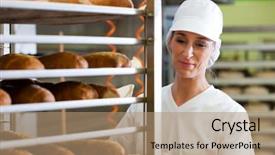  Presentation with baking - Slide set having manufacturing food - female baker baking fresh bread background and a coral colored foreground